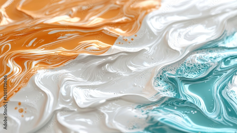 Poster bright orange, white, and teal paint blend together to form a smooth, glossy texture. the vibrant co