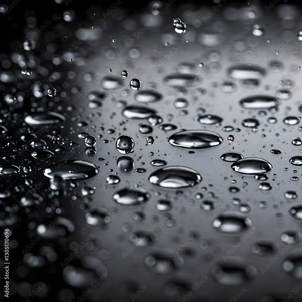 Poster water droplets on a dark, glossy surface, reflecting light and creating a textured pattern
