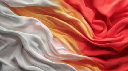 Obraz premium Colorful fabric gracefully spills across a surface, blending shades of white, orange, and red. The soft texture creates a captivating visual play of light and shadow