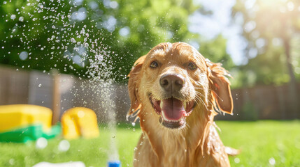 happy dog enjoying refreshing bath in sunny backyard, surrounded by greenery and playful elements. joyful expression captures essence of pet care and fun