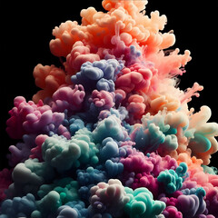 A vibrant explosion of multicolored smoke against a dark background, creating a mesmerizing abstract form with a sense of depth