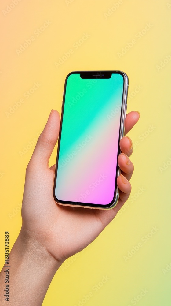 Poster hand holding a smartphone with a vibrant gradient screen against a yellow green background. the imag