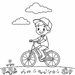 Cartoon Boy Riding Bicycle with Baseball Cap Smiling Child Summer Day Grass Flowers Outdoor Activity Coloring Book Style