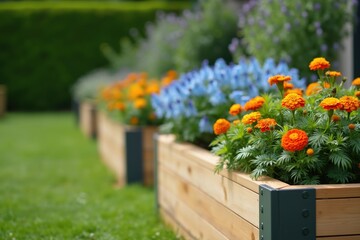 A Row of Wooden Planters Filled With Blue and Orange Flowers - Generative AI