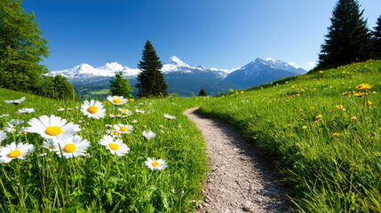 scenic view of winding trail through vibrant meadow filled with wildflowers, surrounded by majestic mountains under clear blue sky