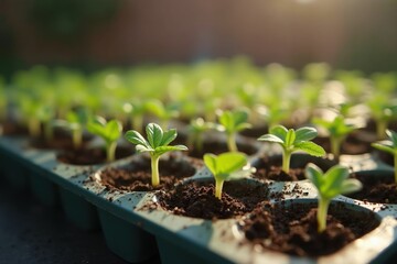 A Close up of a Tray of Seedlings Growing in the Sun - Generative AI