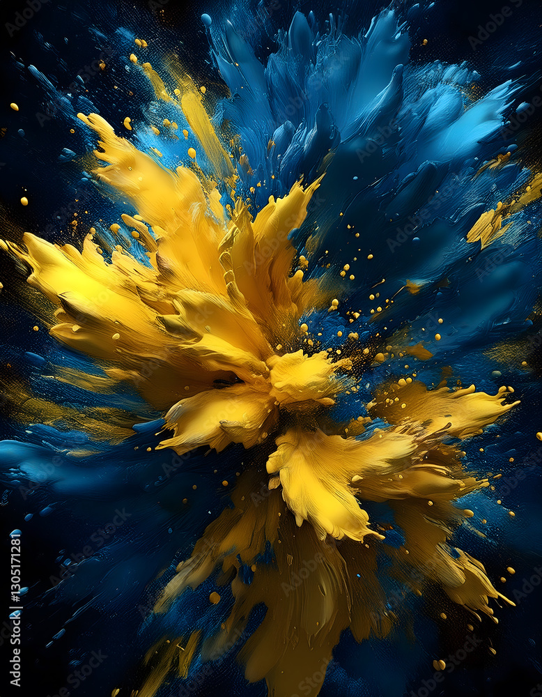 Aufkleber explosive burst of yellow and blue powder, creating a dynamic and abstract composition against a dar