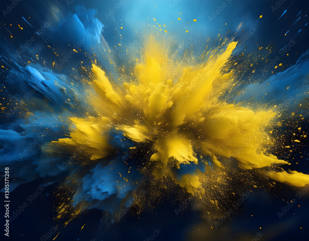 Aufkleber explosive burst of yellow and blue powder, creating a dynamic and abstract composition against a dar