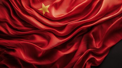 Obraz premium A vibrant, red flag featuring a prominent yellow star is elegantly draped, highlighting the rich texture and smooth folds of the fabric against a dark background