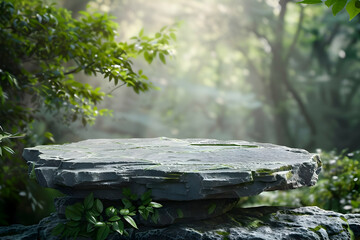 A 3D realistic illustration of a stone podium placed on a rugged rock platform, designed as a product display stand