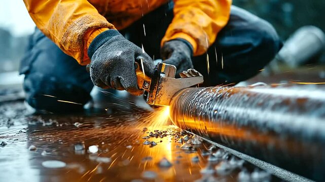 A detailed view of a plumber using a pipe cutter on a damaged section of a metal pipe, with water dripping steadily onto the surrounding area.