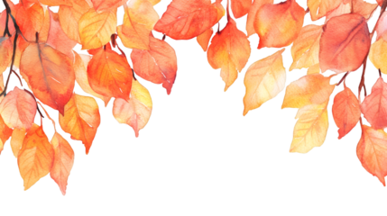 Watercolor painting of autumn leaves forming a decorative border on a transparent background, ideal for fall-themed designs