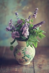A bouquet of peppermint and lavender, styled in a vintage vase with soft, muted lighting