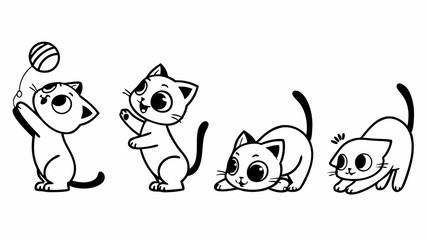 Fototapeta premium Playful Kittens in Various Poses with Ball Line Art Illustration Showing Joyful and Curious Expressions