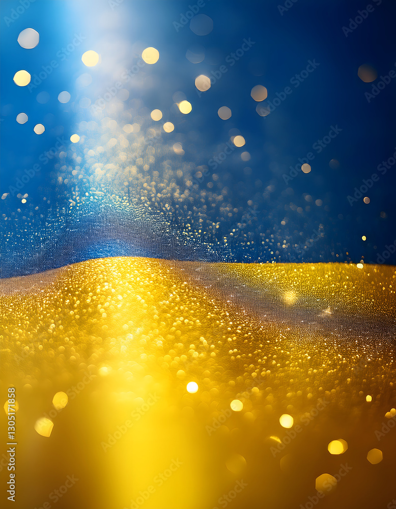 Poster a textured surface divided into blue and gold, with scattered bokeh lights and a soft glow, creating