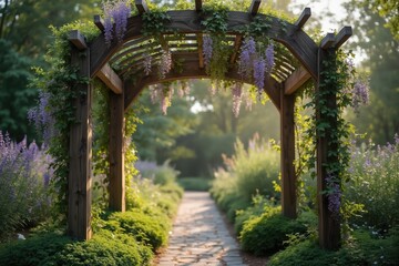Naklejka premium A Wooden Arbor With Purple Flowers and Greenery Surrounding It - Generative AI