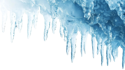 Row of sharp icicles hanging from a glacier on transparent background, creating a cold and icy atmosphere