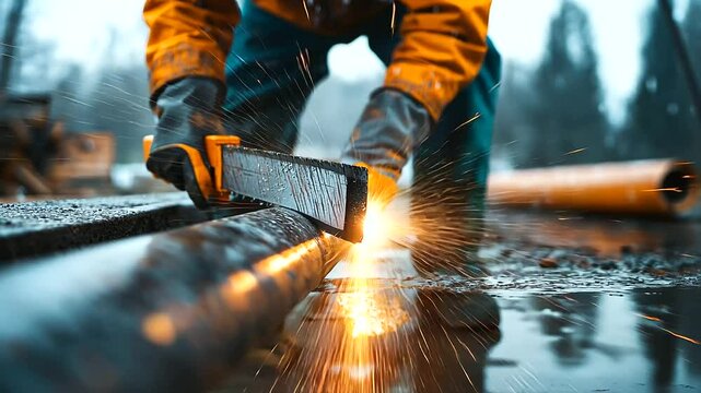 A plumber using a hacksaw to remove a broken section of pipe, with water splashing and sparks flying from the metal blade.