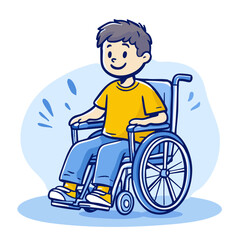 Garçon en fauteuil roulant souriant, geste de la main, fond bleu
