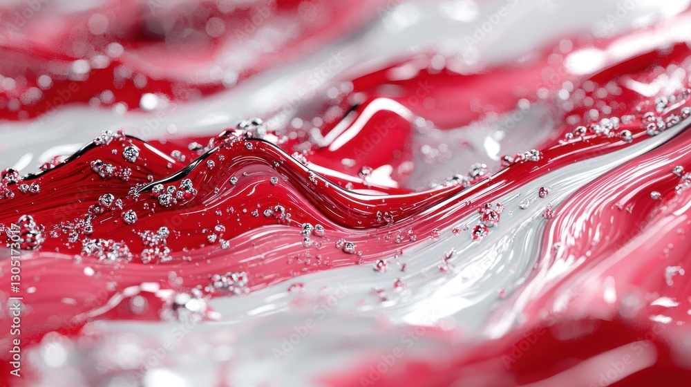 Poster swirling red and white patterns create an abstract landscape, with bubbles suspended in the glossy s