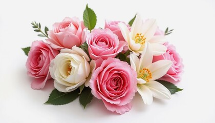 A bouquet of flowers with pink and white flowers, including roses and lilies. The arrangement is colorful and vibrant, creating a cheerful and uplifting mood