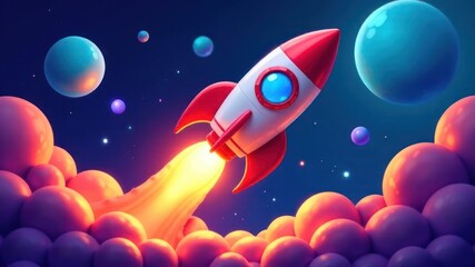 Obraz premium colorful rocket launching into starry space with planets and fluffy clouds. symbolizes exploration and adventure. cosmic journey, science fiction poster, children's book cover,