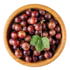 Gooseberry berries in wooden bowl isolated on white. Top view.
