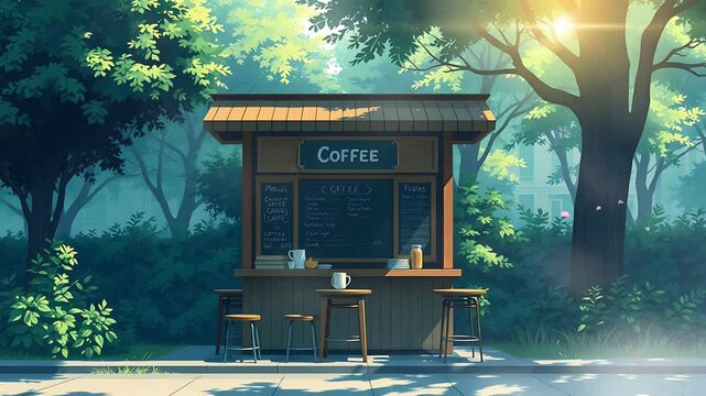 Sunlit Park Coffee Kiosk A Summer Morning's Refreshment . seamless looping time lapse animation video background, anime  lofi art