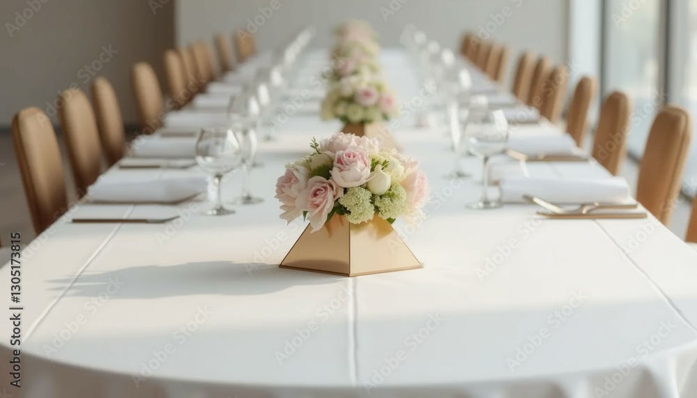 Poster a table with a white tablecloth and a vase of flowers in the center. the table is set for a formal d