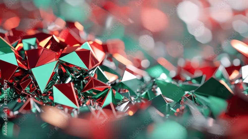 Poster a collection of shiny geometric shapes in red and green hues reflects light in an abstract arrangeme