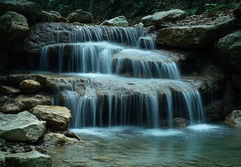 Tranquil Waterfall Cascading Over Rocky Steps in a Serene Forest Setting Surrounded by Lush Greenery and Gentle Nature Sounds for Relaxation and Peace
