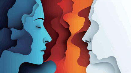 The image features a stylized illustration of four layered human profiles in profile view.  The faces are rendered in a paper cut-out style, with each layer a different color �C dark blue, light