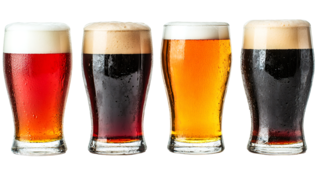 Cold beer glasses displaying variety of craft brews, showcasing golden, amber, and dark beer hues with frosty condensation against clean backdrop