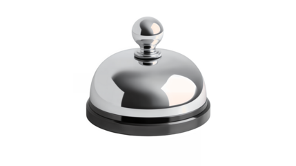 A modern reception bell with a sleek polished chrome finish isolated on a transparent background