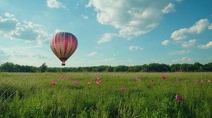 Naklejka premium Summer hot air balloon adventure over blooming fields scenic landscape travel photography open sky daylight bliss