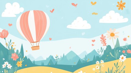 Summer hot air balloon adventure over colorful fields and mountains scenic bright environment cheerful viewpoint