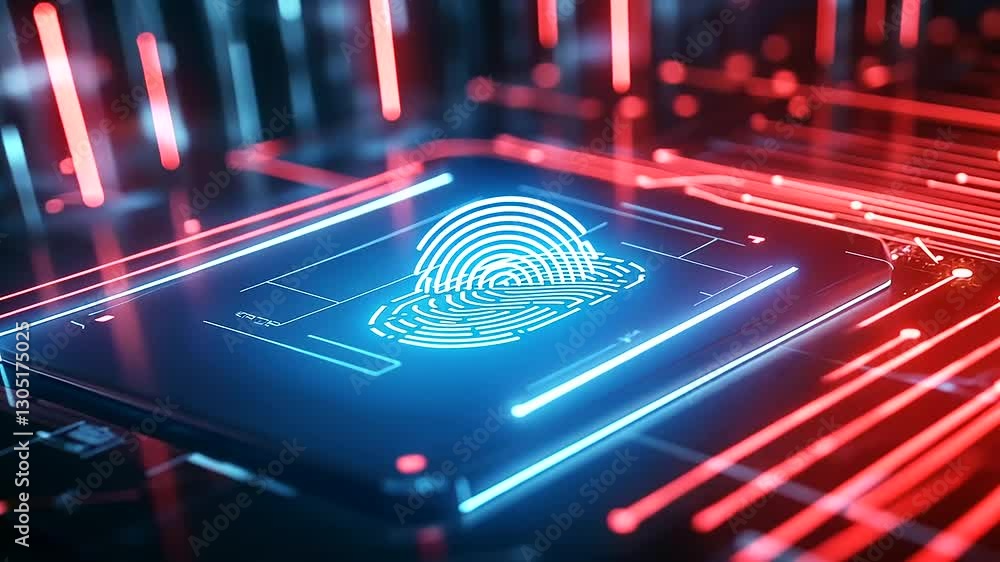 Poster a digital padlock with a fingerprint scanner glowing in neon blue, surrounded by symbols of encrypte