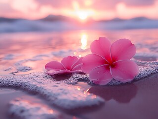 Pink flowers sunset beach waves foam