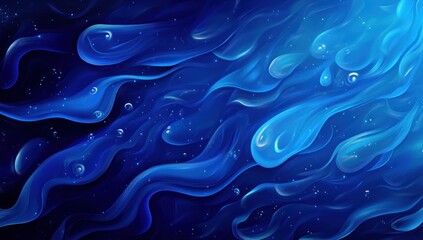 Abstract flowing blue liquid design with bubbles and drips.