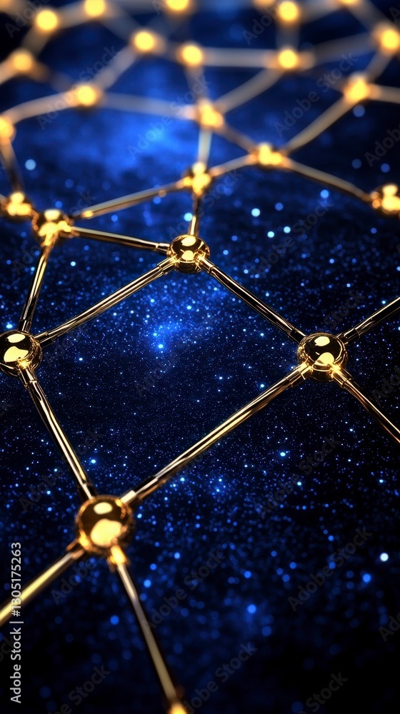 Poster abstract image of a golden network connecting nodes against a deep blue starry background. the glowi