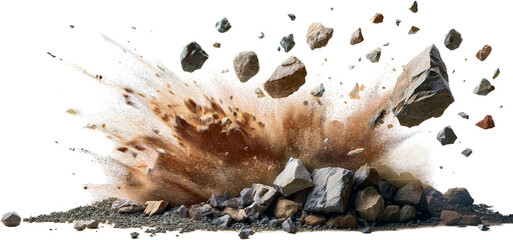Dramatic Rock Explosion Brown Dust Cloud Flying Rocks Stone Debris Construction Blast