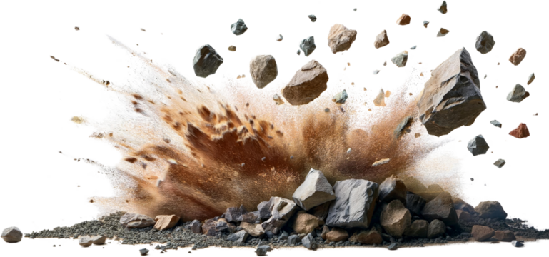 Dramatic Rock Explosion Brown Dust Cloud Flying Rocks Stone Debris Construction Blast