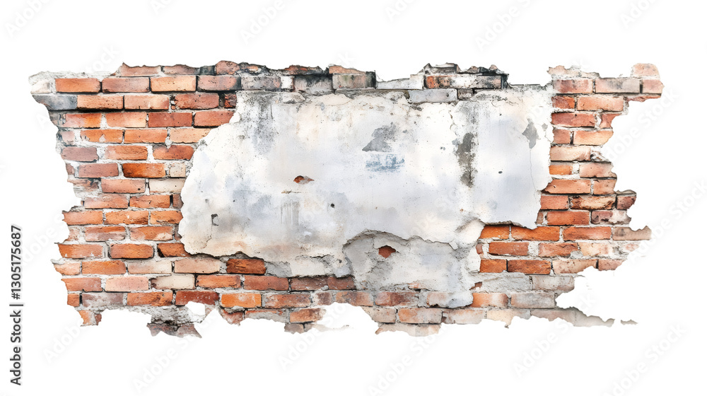 Poster weathered brick wall section with crumbling plaster, isolated on transparent background, ideal for a