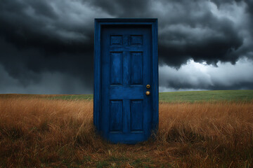 a photograph depicts an open blue door standing in the middle of brown gra