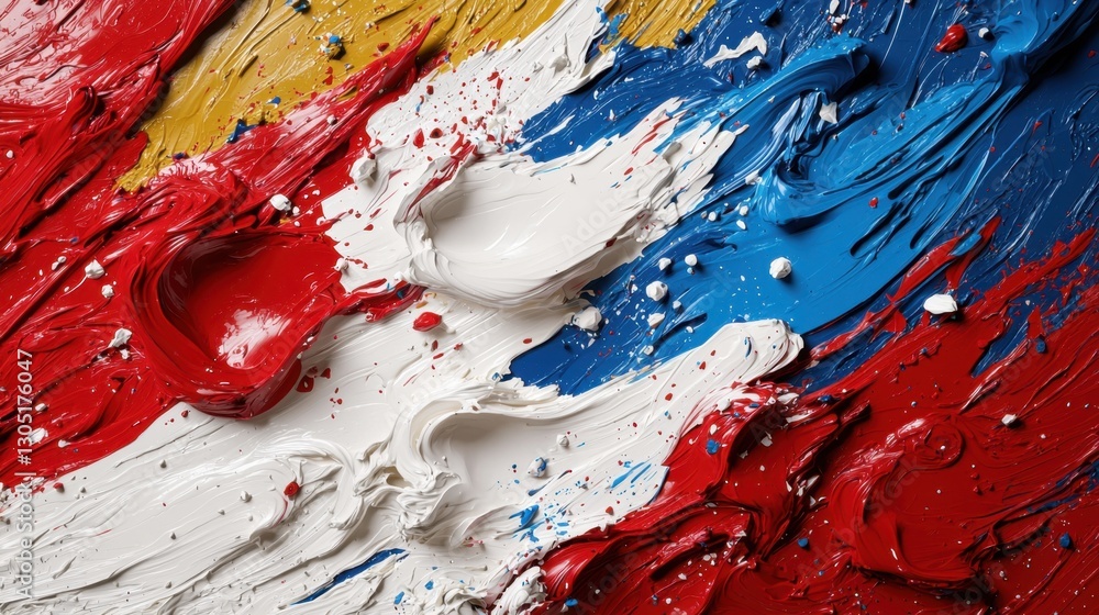 Poster vivid colors blend together in an abstract design featuring bold strokes of red, blue, and white wit