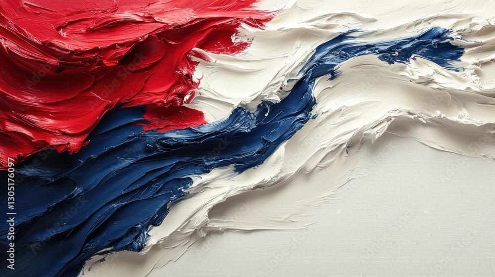 Poster this artwork showcases dynamic red, white, and blue paint swirls and textures, creating an engaging 