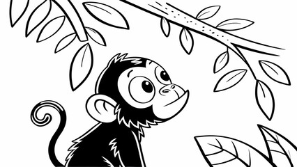 Obraz premium Cartoon Monkey Gazing Upward with Big Eyes and a Playful Grin Surrounded by Leaves