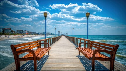 Summer boardwalk experience beachside pier realistic photo sunny day panoramic view relaxation concept