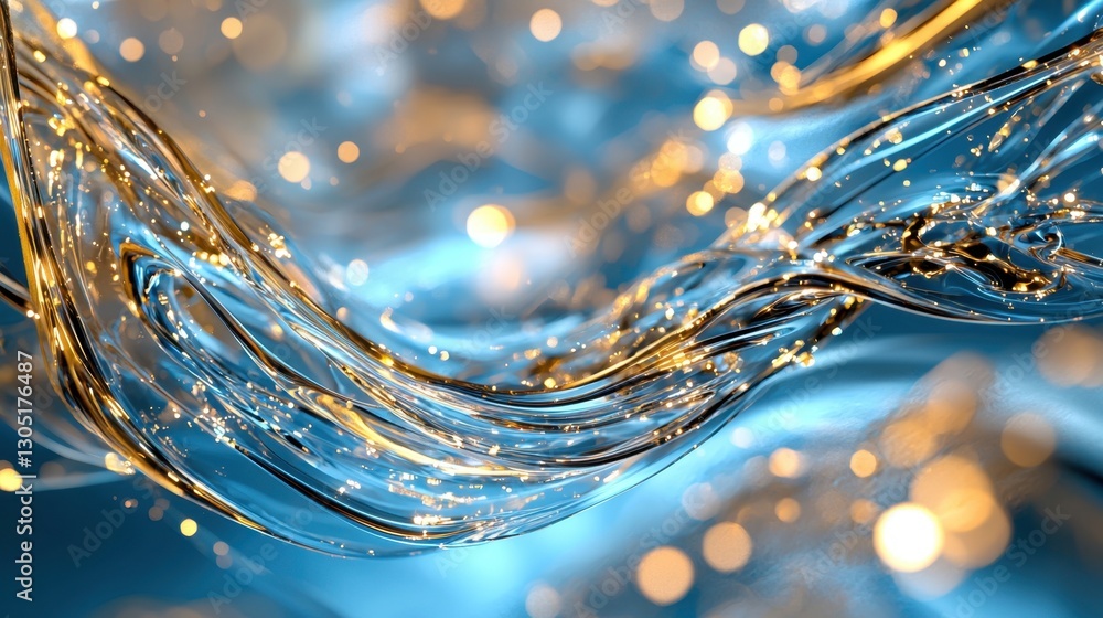 Poster colorful, flowing patterns of light and metallic hues interact against a soft blue backdrop, creatin