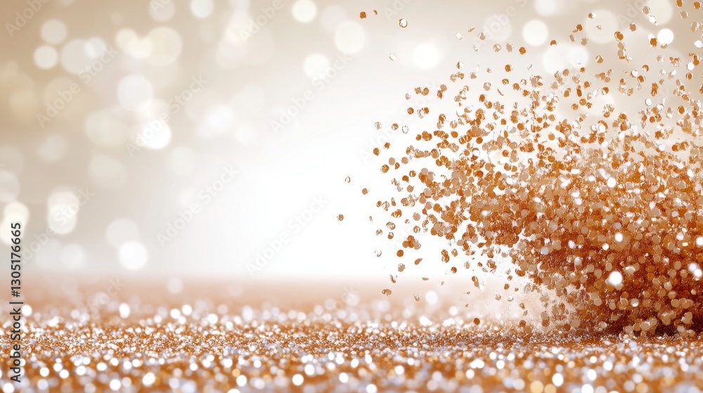 Poster abstract image of gold glitter exploding against a bokeh background. the glittering particles are va